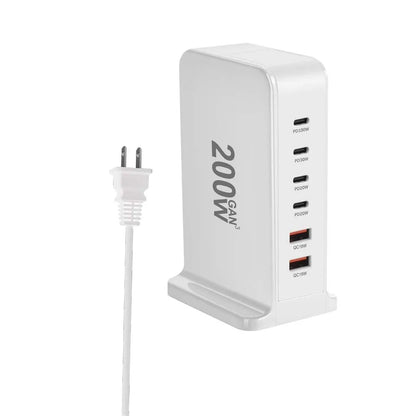 200W GaN Desktop Quick Charger - 168W PD, 6-Port USB Type C with USA, EU, AUS, UK Plug Adapters for Mobile Phones and Laptops