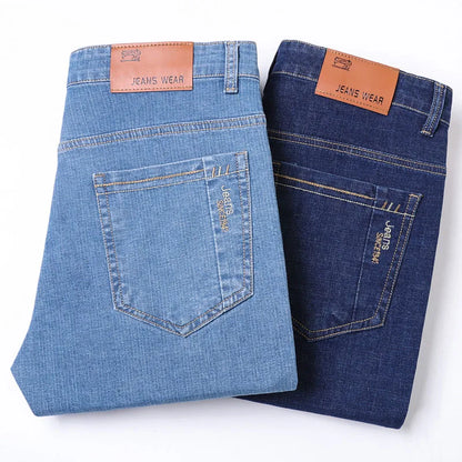Men’s Casual Comfortable Jeans – Straight Loose Fit High Waist Elastic Trousers for All Seasons & Office Wear