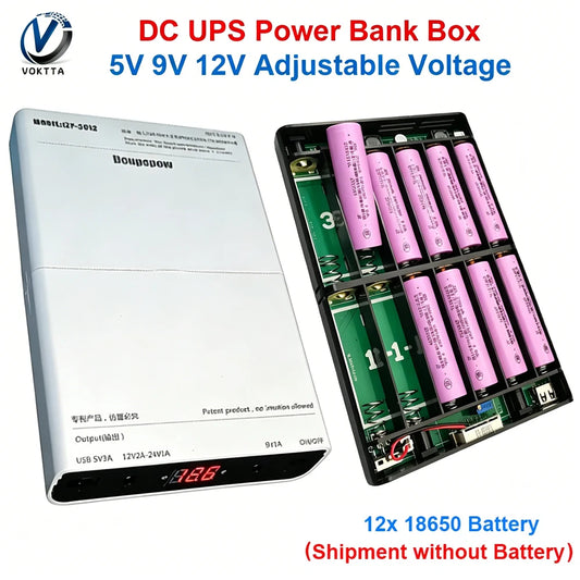 DC UPS Battery Power Supply Box - DIY 12x18650 Power Bank Kit with 5V/9V/12V Output for Optical Modem & Router Backup