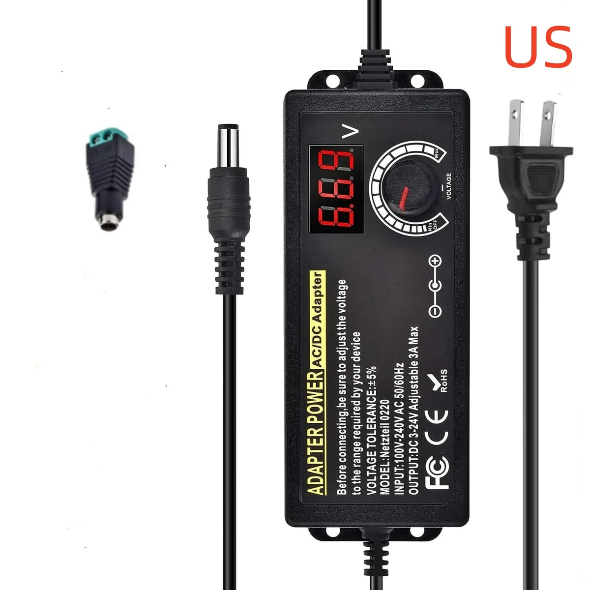 Adjustable AC to DC Power Supply - 3V–24V 3A Universal Laboratory Adapter with EU/US Plug and Alligator Clip
