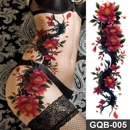 Full Arm Dragon Skull Tattoo Sleeve - Waterproof Temporary Body Art Sticker with Clock Compass Flower Design for Men & Women