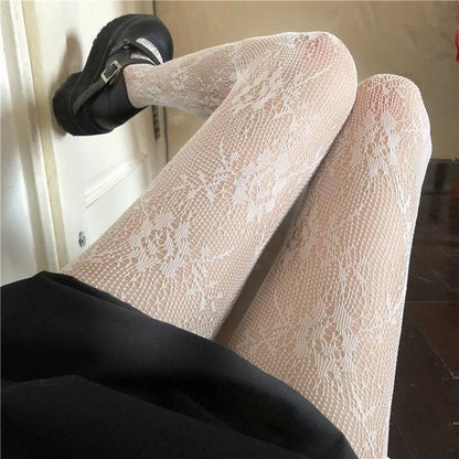 White & Black Hollowed Out Lace Pantyhose: Floral Rattan Bottomed Stockings - 1 Pair Mesh Design