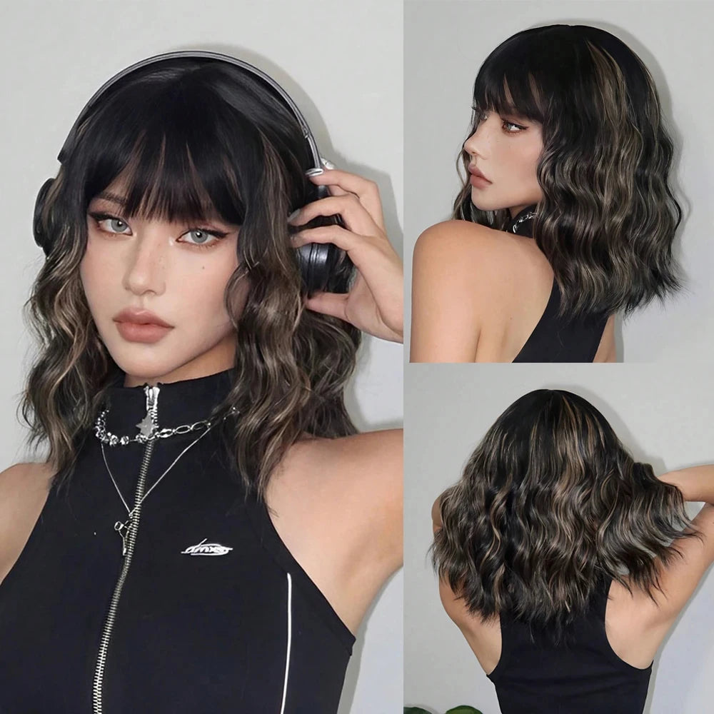Short Wavy Green Synthetic Wig for Women – Green Cosplay Bob Wig with Bangs, Lolita Party Hair, Heat-Resistant Natural Fake Hair