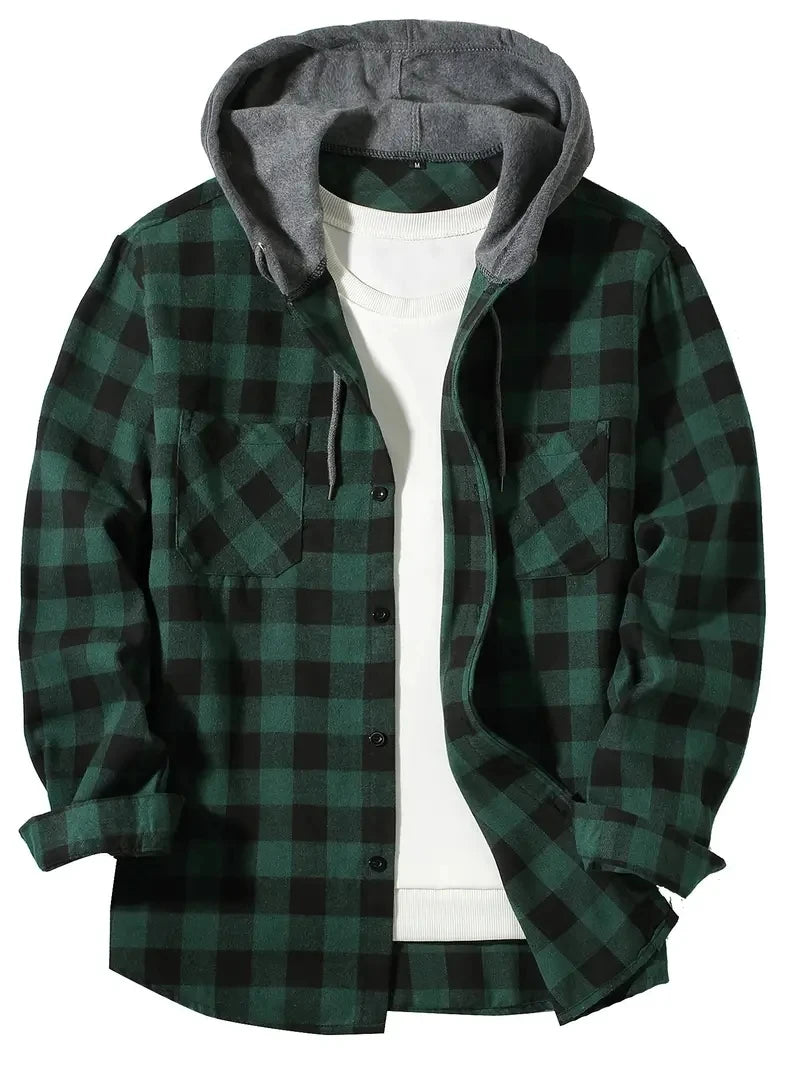 Youth Men’s Hooded Plaid Shirt - Slim Fit Long Sleeve Casual Travel & Streetwear Jacket