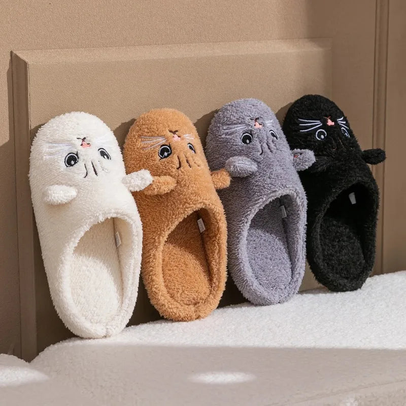 Cartoon Cat Plush Slippers - Cozy Winter Indoor House Shoes with Soft Non-Slip Warm Sole for Women