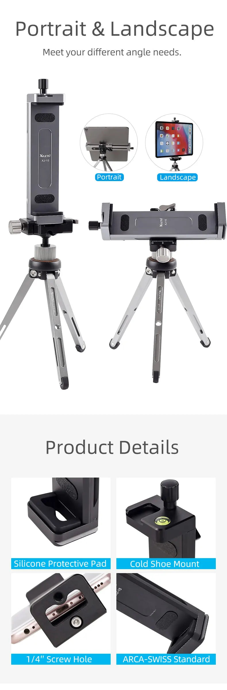 Universal Aluminum Alloy Tablet & Phone Stand – Adjustable Tripod Holder Clip for Mobile Devices