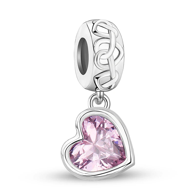 925 Sterling Silver Pink Heart Charm - Zircon Love Pendant Bead for DIY Bracelets, Bangles & Women’s Jewelry
