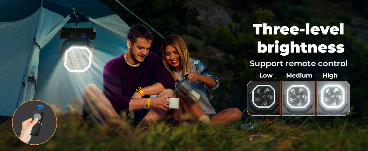 20000mAh Portable Camping Fan — Rechargeable Battery-Powered Outdoor Tent Fan with LED Light, Hanging Hook & 4-Speed Wind