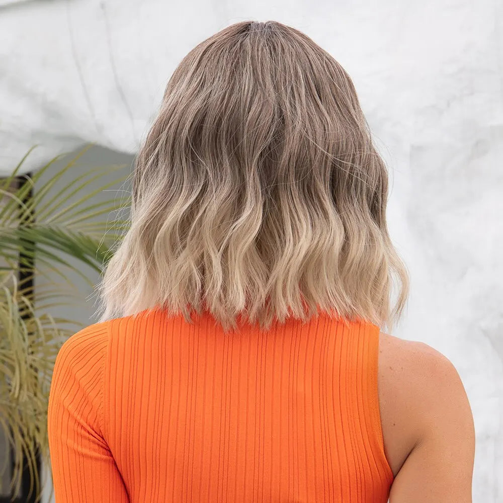 Women’s Grey Wavy Bob Wig with Bangs — Short Blonde Ombre Synthetic Hair with Dark Roots for Daily Wear