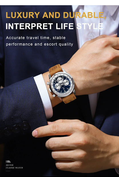 POEDAGAR Men's Luxury Sports Watch – Genuine Leather, Chronograph, Waterproof, Luminous Quartz Wristwatch