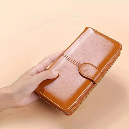 Women’s Vintage PU Leather Clutch Wallet — Large Capacity Phone Purse with Wristband, Simple Card Holder Pouch Bag