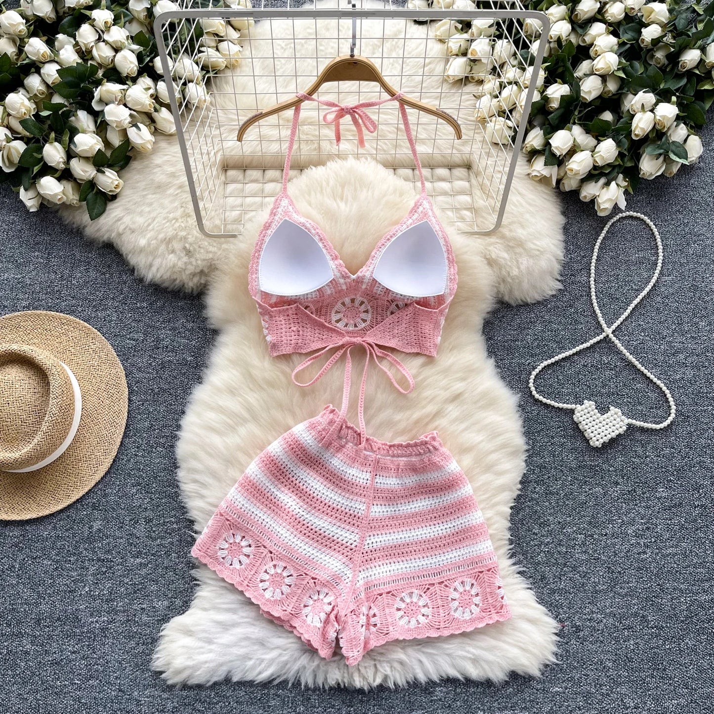 SINGREINY Women's Beach Knit 2-Piece Set – Halter Lace-Up Camis & Elastic Waist Shorts, Hollow Hook Flower Design