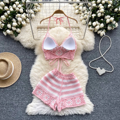 SINGREINY Women's Beach Knit 2-Piece Set – Halter Lace-Up Camis & Elastic Waist Shorts, Hollow Hook Flower Design