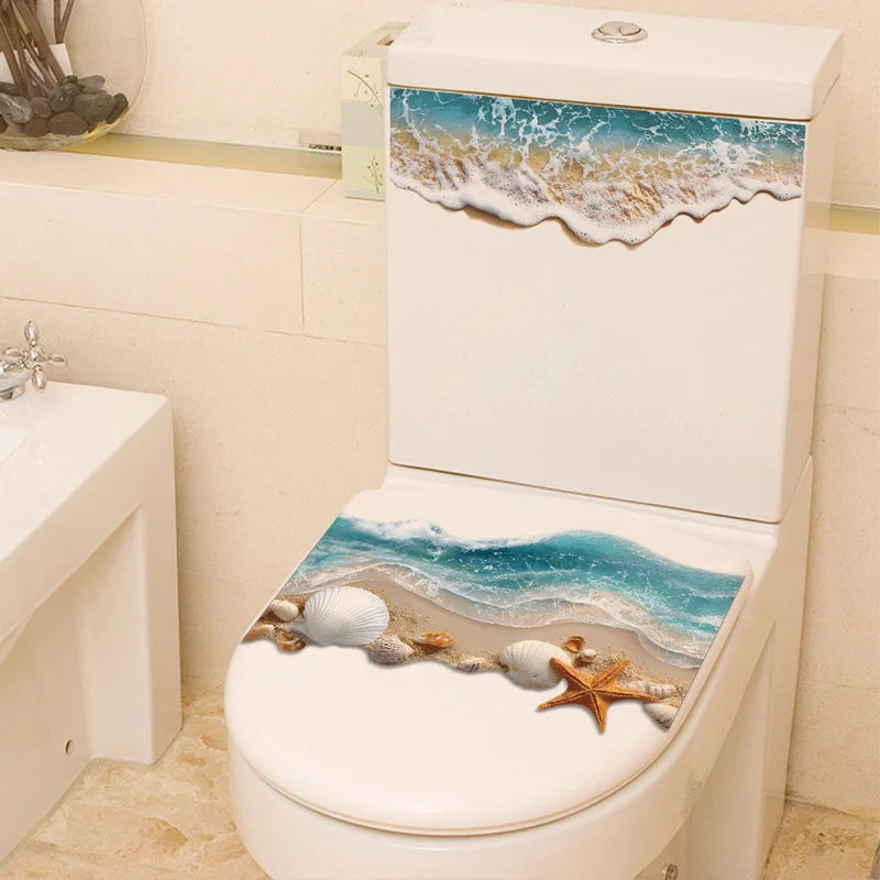 3D Ocean Wave Toilet Sticker – Realistic Beach Bathroom Floor Decal, Waterproof & Anti-Slip Removable Seashore Bathtub Decor