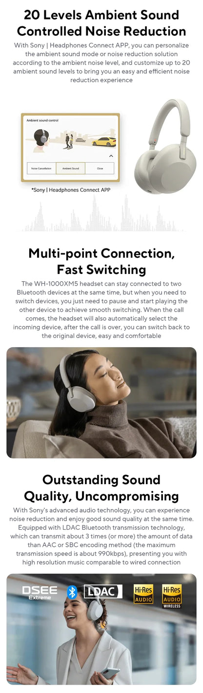 Sony WH-1000XM5 Wireless Noise-Canceling Headphones – Foldable Bluetooth Earphones with Bass Stereo Sound for Gaming, Business & Exercise