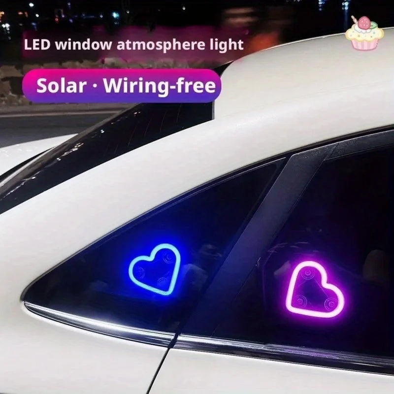 Solar-Powered LED Car Window Neon Lights — Heart-Shaped RGB-Free Color-Changing Interior Atmosphere Light