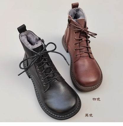 Careaymade 100% Genuine Leather Wide Casual Women’s Short Boots – Big Size, Handmade Men’s Wool Boots
