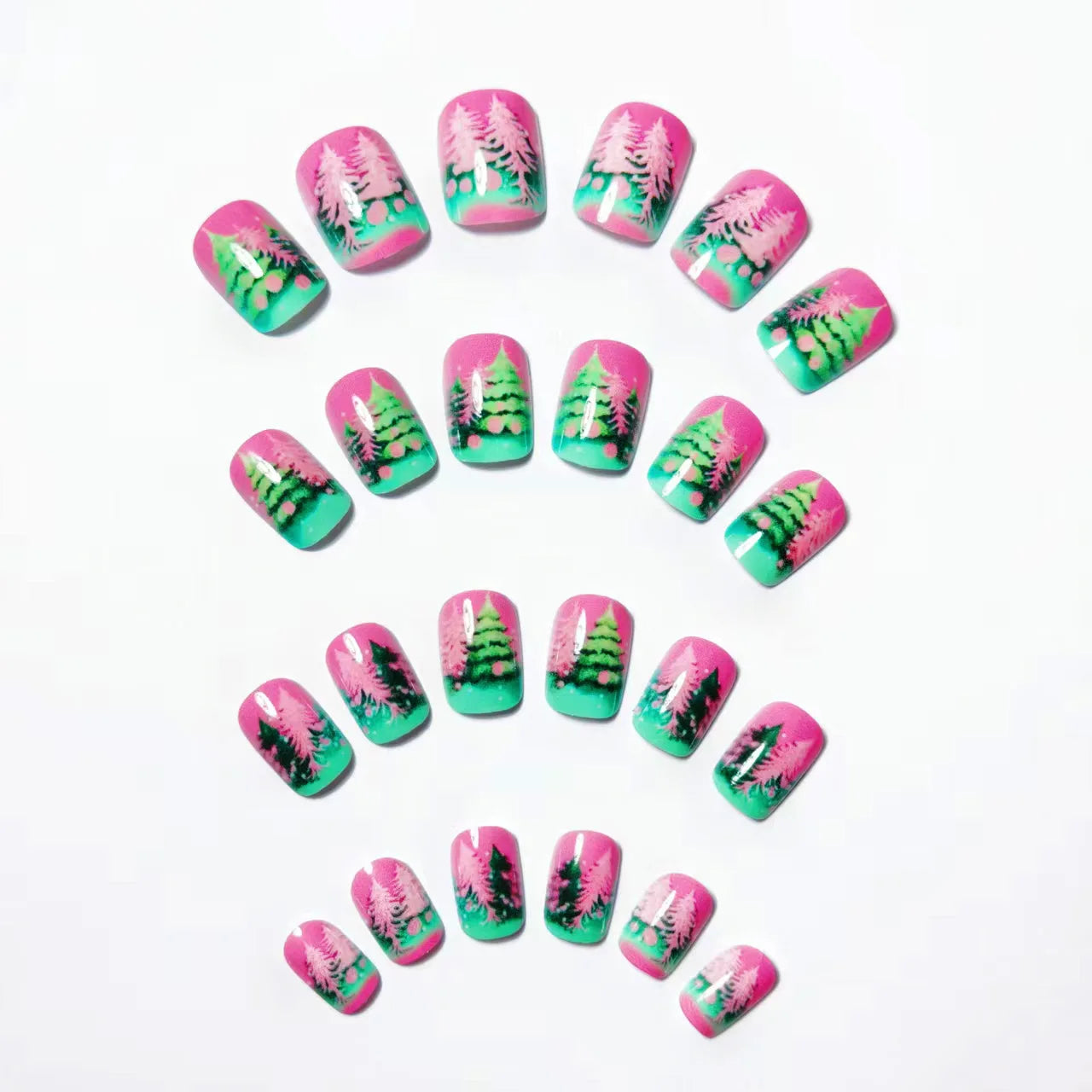 Medium Long Christmas Fake Nails – Square & Almond Tips with Tree, Snowflake & Snowman Designs