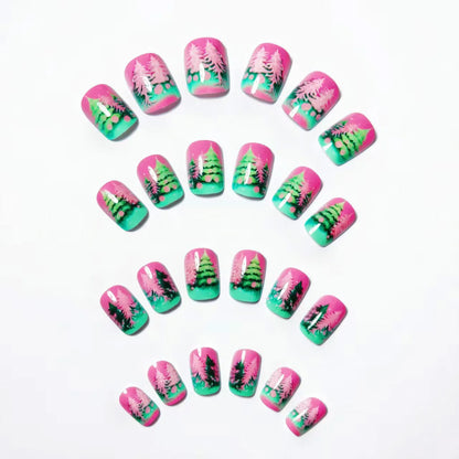 Medium Long Christmas Fake Nails – Square & Almond Tips with Tree, Snowflake & Snowman Designs