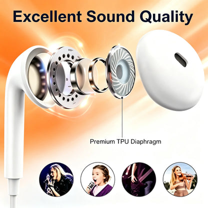 USB-C Wired Earphones with Microphone - In-Ear Headphones for iPhone 15/16, Xiaomi, Redmi, Huawei, Samsung, and Laptops