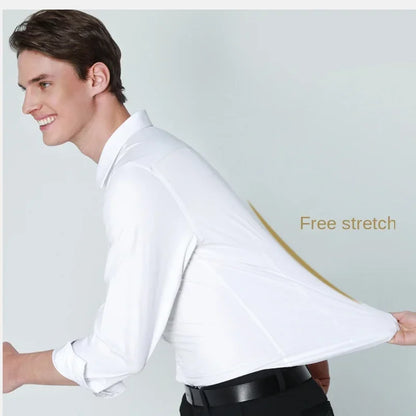 Men's Long-Sleeved Elastic Dress Shirt - Non-Iron Business Attire with Stand-Up Collar - Professional Work Shirt
