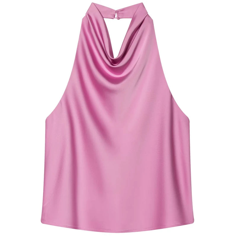 HXAO Women’s Satin Halter Top – Summer 2025 Black & Yellow Crop Tank, Off-Shoulder Sleeveless Backless Vest