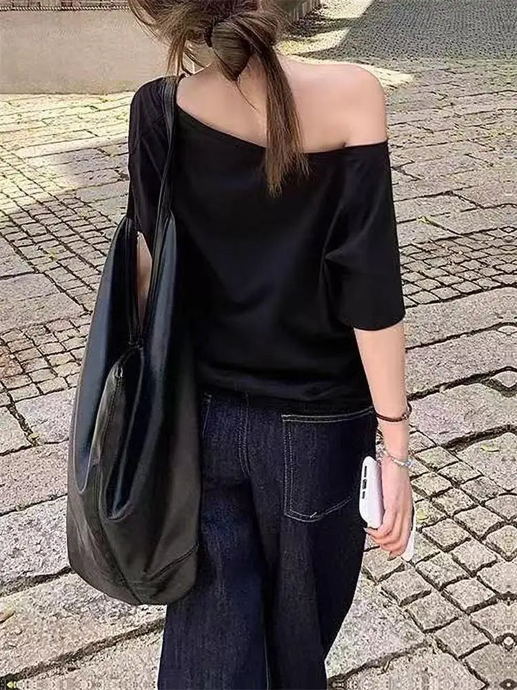 Off Shoulder Solid T-Shirt for Women - Casual Loose Summer Street Style Top