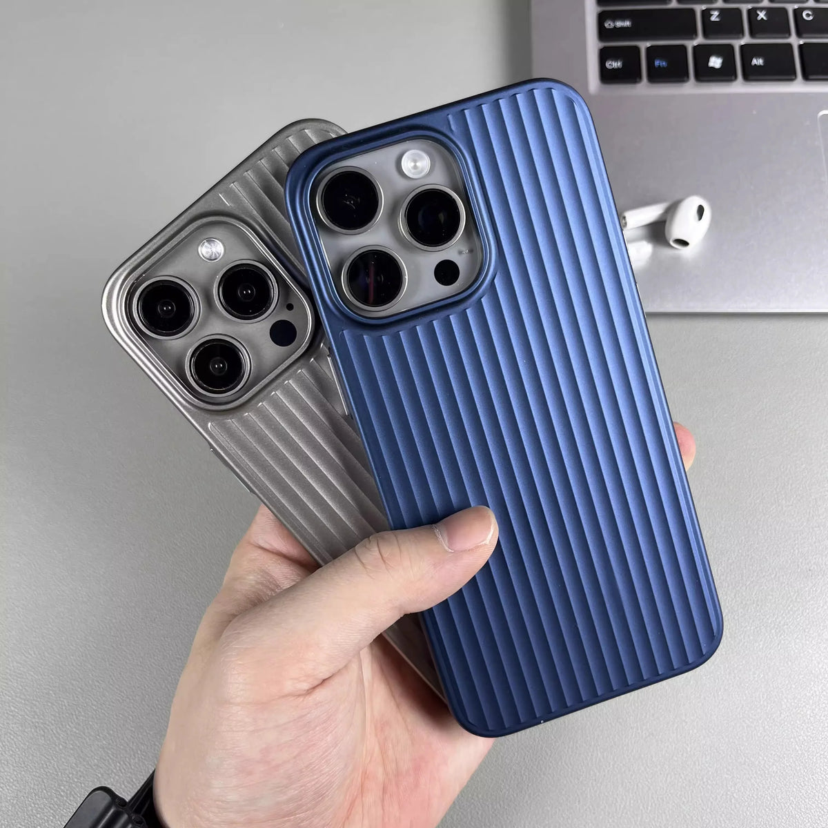 Titanium Stripe iPhone Case - Shockproof Hard Armor Cover with Metal Buttons for iPhone 13–16 Pro Max
