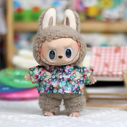 17cm Mini Plush Doll Outfit — K-Pop EXO Labubu Idol Accessories with Flower Shirt, Leather Jacket & Skirt for Gift