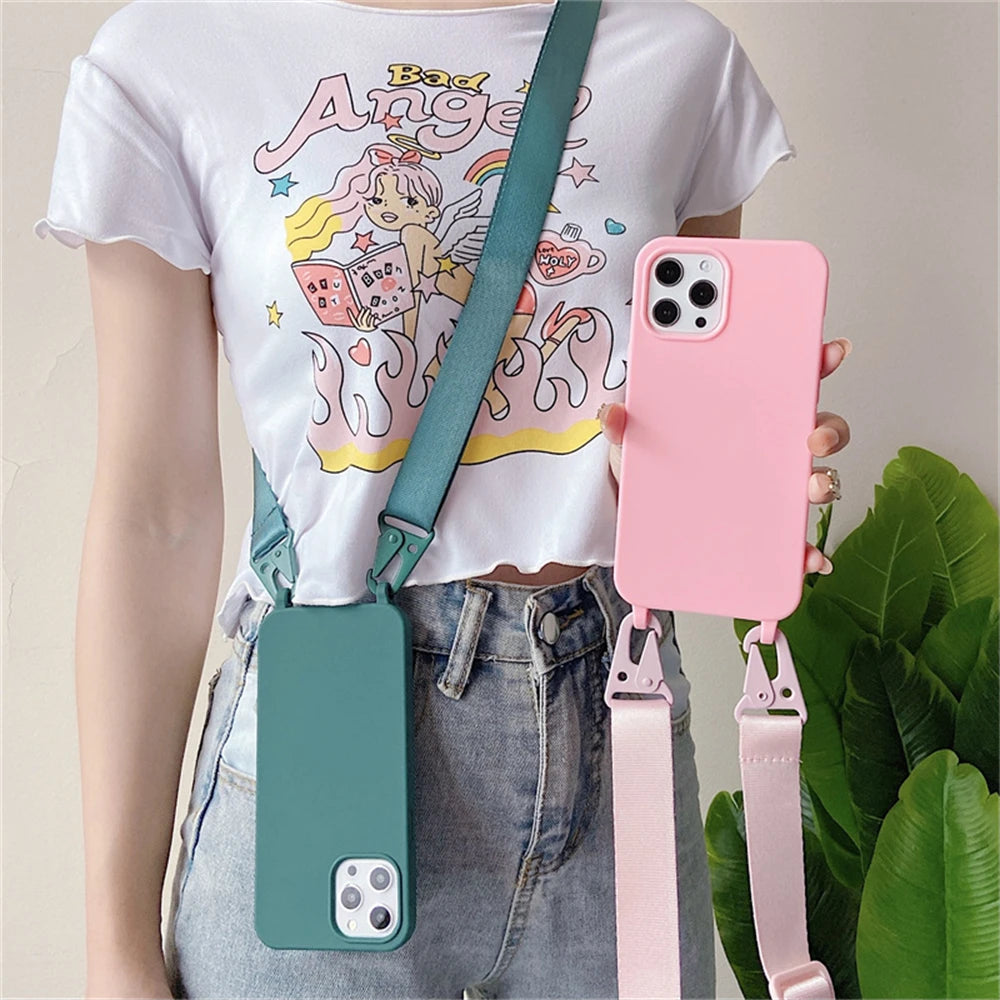 Crossbody Necklace Strap Silicone Case - Matte Shockproof Phone Cover for iPhone 17, 16, 15, 14 Pro Max & More