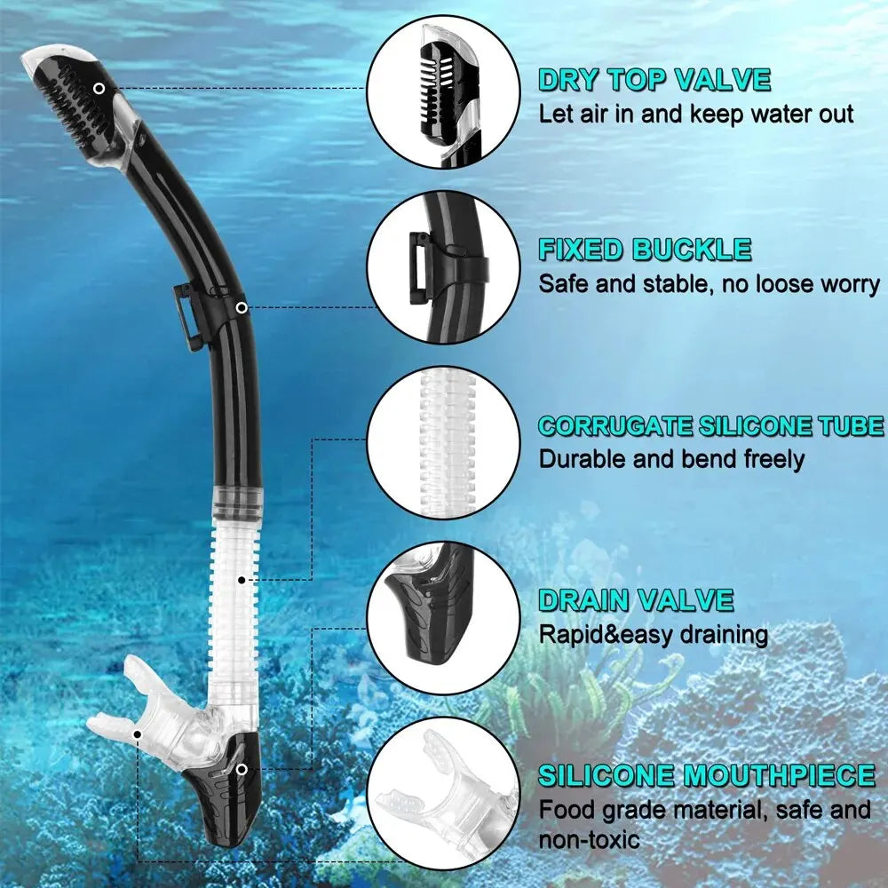 Dry Snorkel Set with Tempered Glass Diving Mask – Professional Panoramic Snorkeling Gear for Adults, Swimming and Training Kit