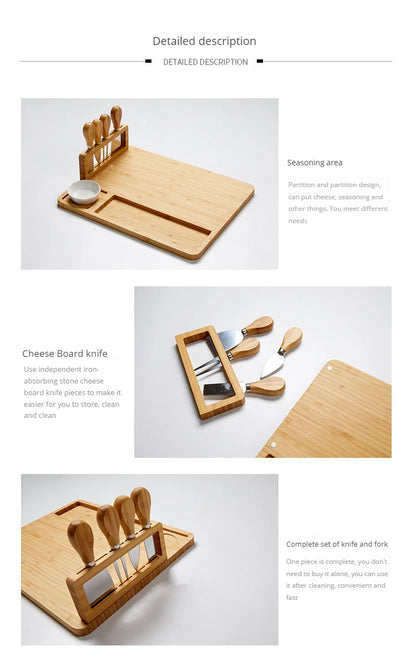 Bamboo Cheese Board Set – Square Wooden Board with Knife Holder, 4 Stainless Steel Knives & Dessert Plate