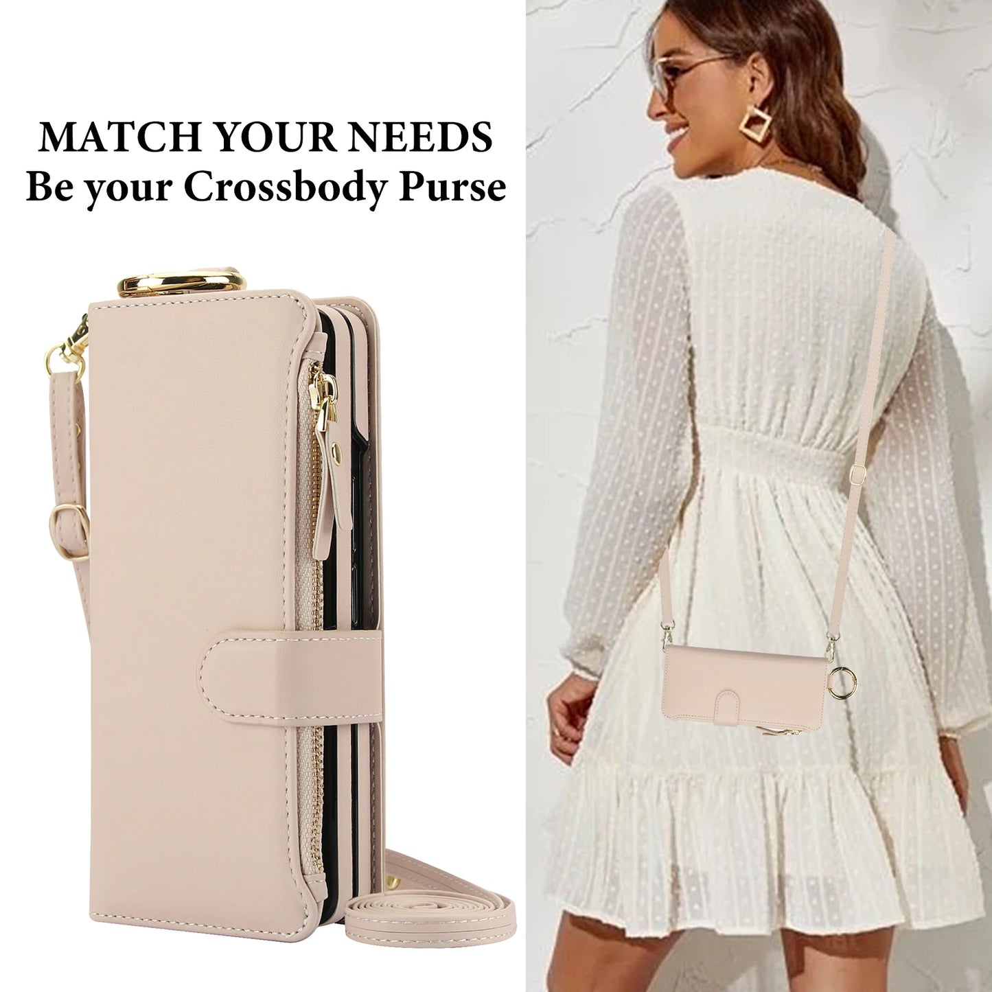 Crossbody Leather Wallet Case with Card Slots, Zipper & Kickstand for Samsung Galaxy Z Fold 3/4/5/6 – Wristband & Ring Holder
