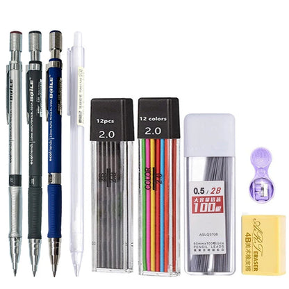 2.0mm Mechanical Pencil Set with 2B Black & Color Lead Refills – Automatic Pencil for Sketching, Drawing & Writing