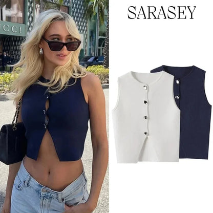 Fall 2025 Knit Vest for Women – Sleeveless Cropped Asymmetrical Slim Sweater Top – White Basic Slim Shirt