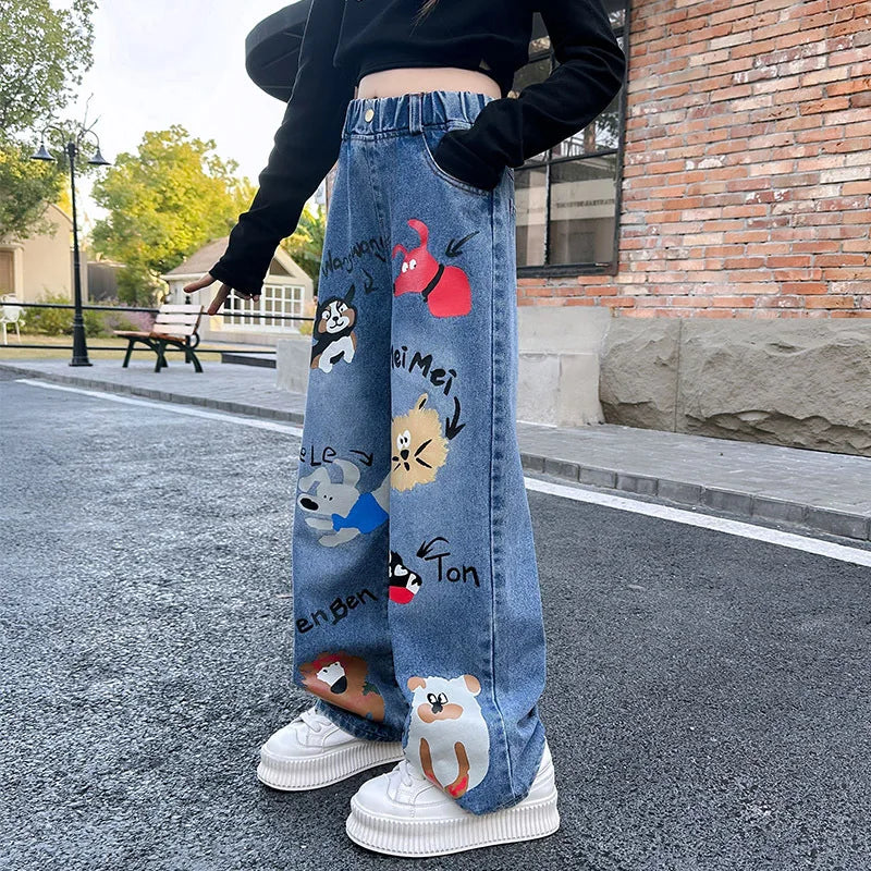 New 2024 Teenage Girls’ Blue Street Cartoon Jeans – Elastic Mid-Waist Loose Wide-Leg Denim Pants for Spring Fashion