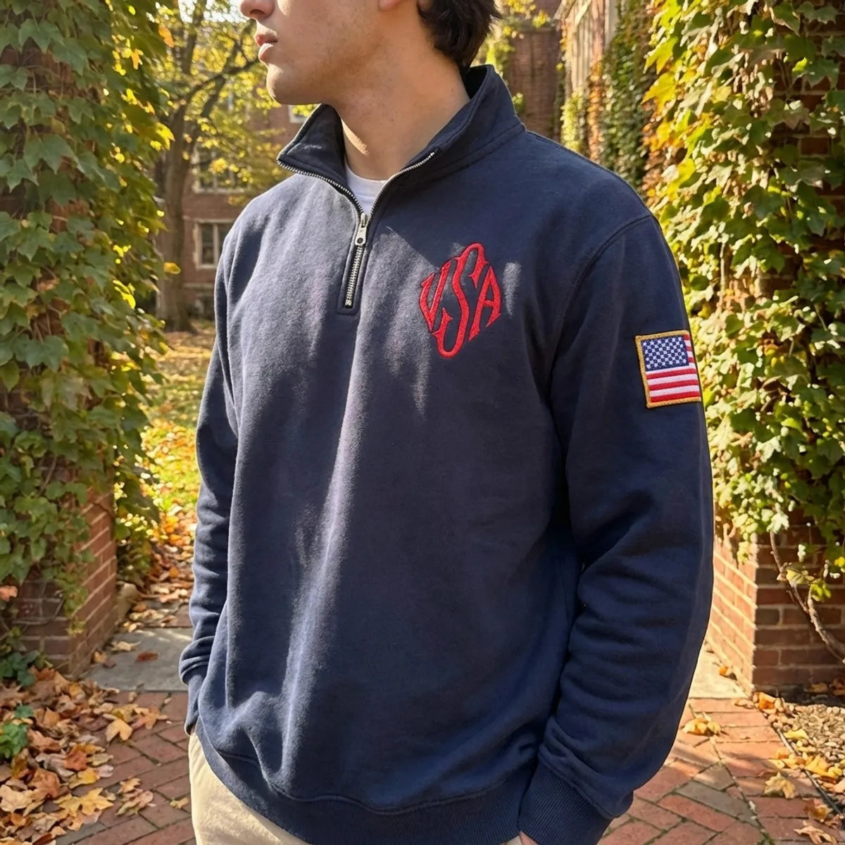 Men’s Y2K American Flag Embroidered Hoodie – Quarter Zip Streetwear Sweatshirt Navy Blue White Patch Sleeve Casual Pullover Sweater