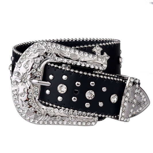 Black Cross Rivet Belt with Engraved Buckle – Rhinestone PU Punk Western Cowboy Cowgirl Jeans Belt