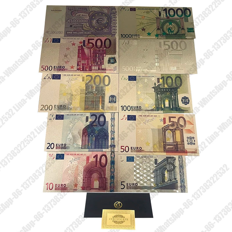 Colored European Banknote Currency Set – 5 to 1000 Million Euro Gold Notes for Business Gifts & Collection