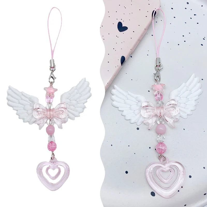 Wings Bow Heart Phone Charm - Sweet Mobile Strap Chain & Keychain Bag Accessory for Girls and Women