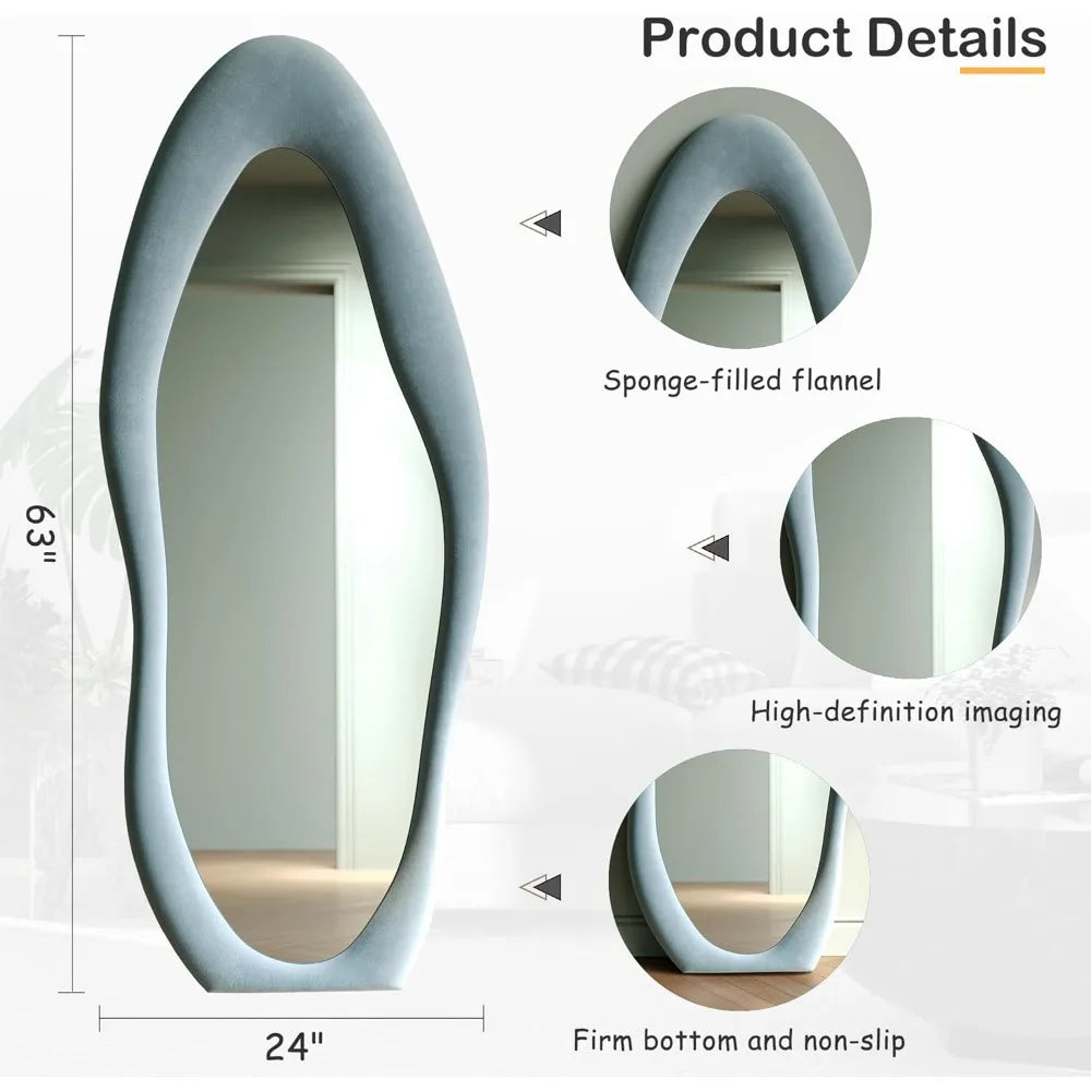 Full-Length Wall Mirror – 63"x24" Wavy Full Body Mirror with Flannel-Wrapped Wood Frame for Bedroom, Living Room & Cloakroom