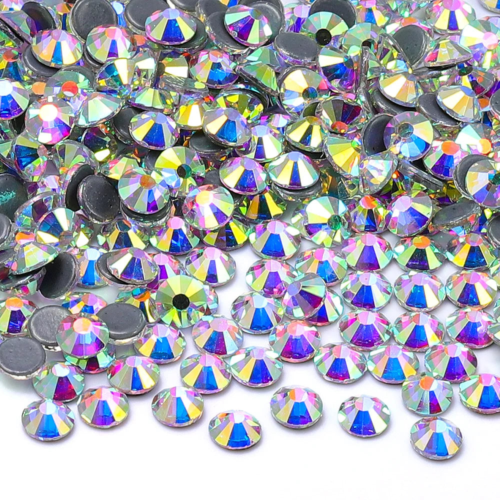 QIIY SS3–SS50 Crystal AB Black Glass Rhinestones – Hot-Fix Flatback Iron-On Stones for Wedding Dresses, Clothing, and Fabric Decoration