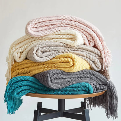 White Boho Throw Blanket – Textured Chunky Knitted Vintage Luxury Bedspread, Sofa Cover Manta Para Sofá