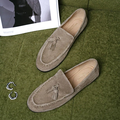 BEAUTODAY Women’s Casual Loafers – Suede Leather Tassel Slip-On Round Toe Flats, Handmade Business Shoes 26277