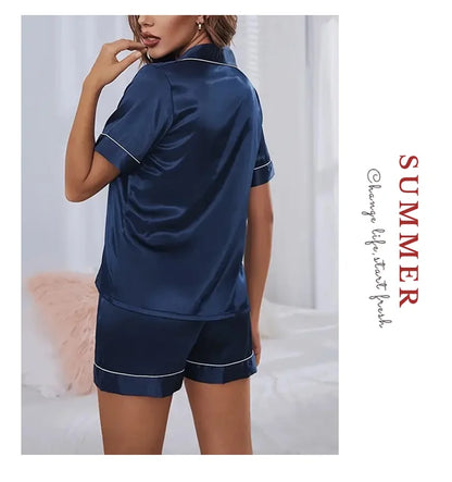 Women's Satin Pajamas Set – Summer Two-Piece Sleepwear with Button-Down Top and Shorts, Comfortable Nightwear Loungewear