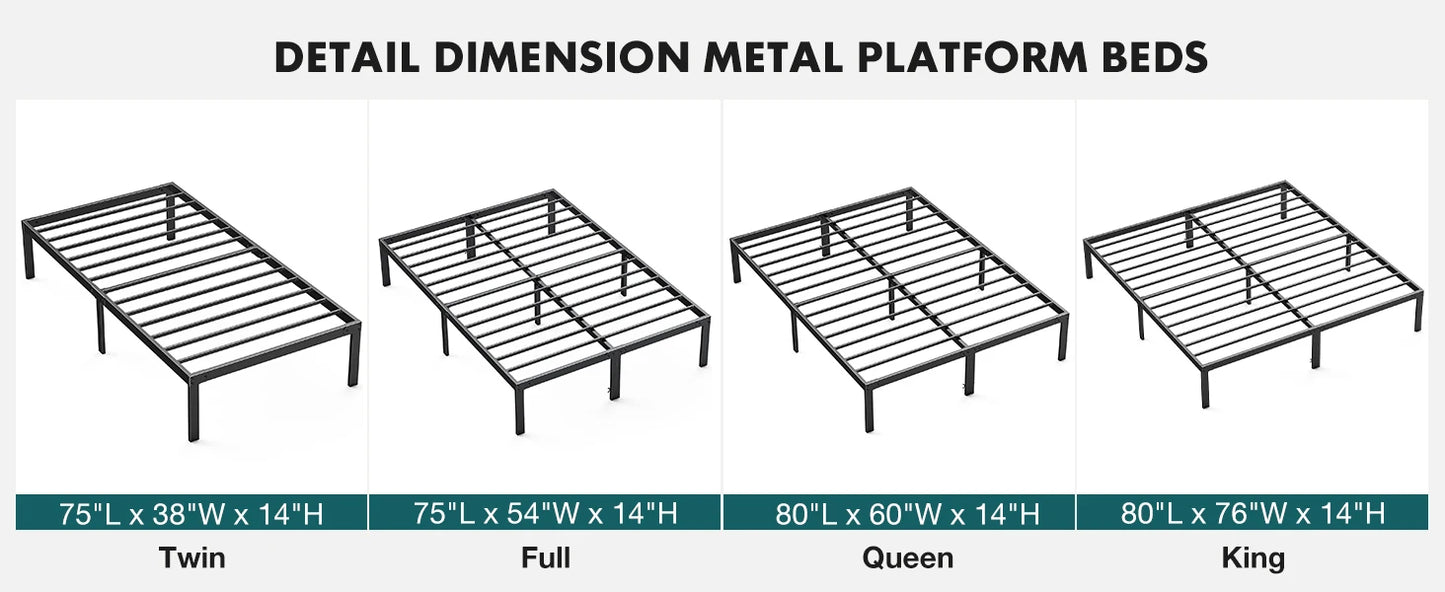 Metal Bed Frame with Storage – Twin, Full, Queen & King Size Platform with Steel Slat Support 350lbs