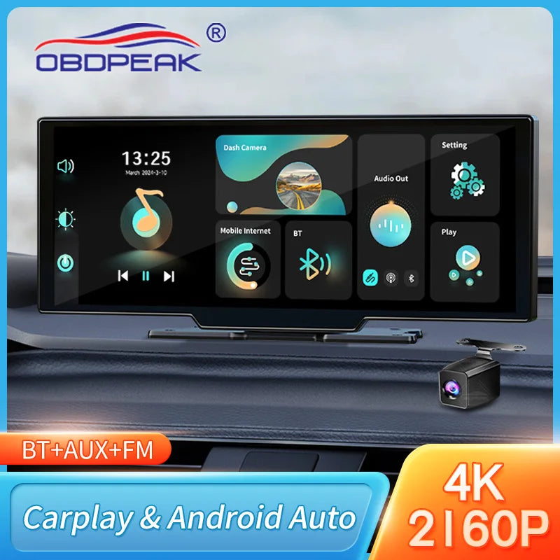 OBDPEAK K2 2.0 Dash Cam – 10.26" 4K Car DVR with CarPlay & Android Auto, GPS Navigation, Rearview Mirror Video Recorder