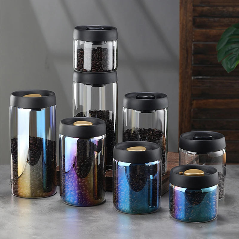 Vacuum Sealed Glass Coffee Bean Jar — Airtight, Moisture-Proof Household Container with Air Extraction for Fresh Coffee