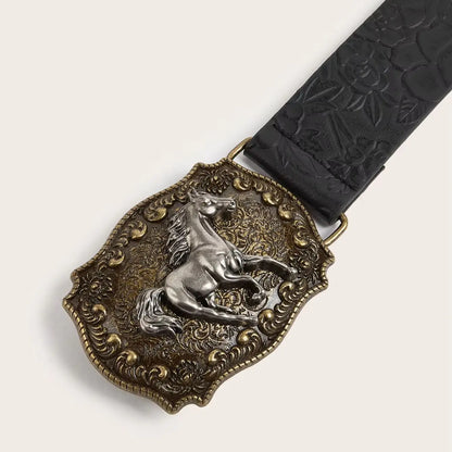 Neutral Horse Head Buckle PU Belt – Fashionable Peony Pattern Design