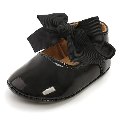 Meckior Baby Girl Shoes – Bowknot PU Ballet Slippers with Rubber Anti-Slip Sole, First Walker Toddler Crib Dress Shoes